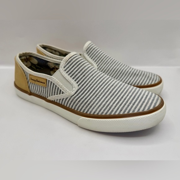 Tommy Bahamas Women’s Canvas Slip On Sneakers Brown/White/Striped, Unixes - Picture 2 of 9